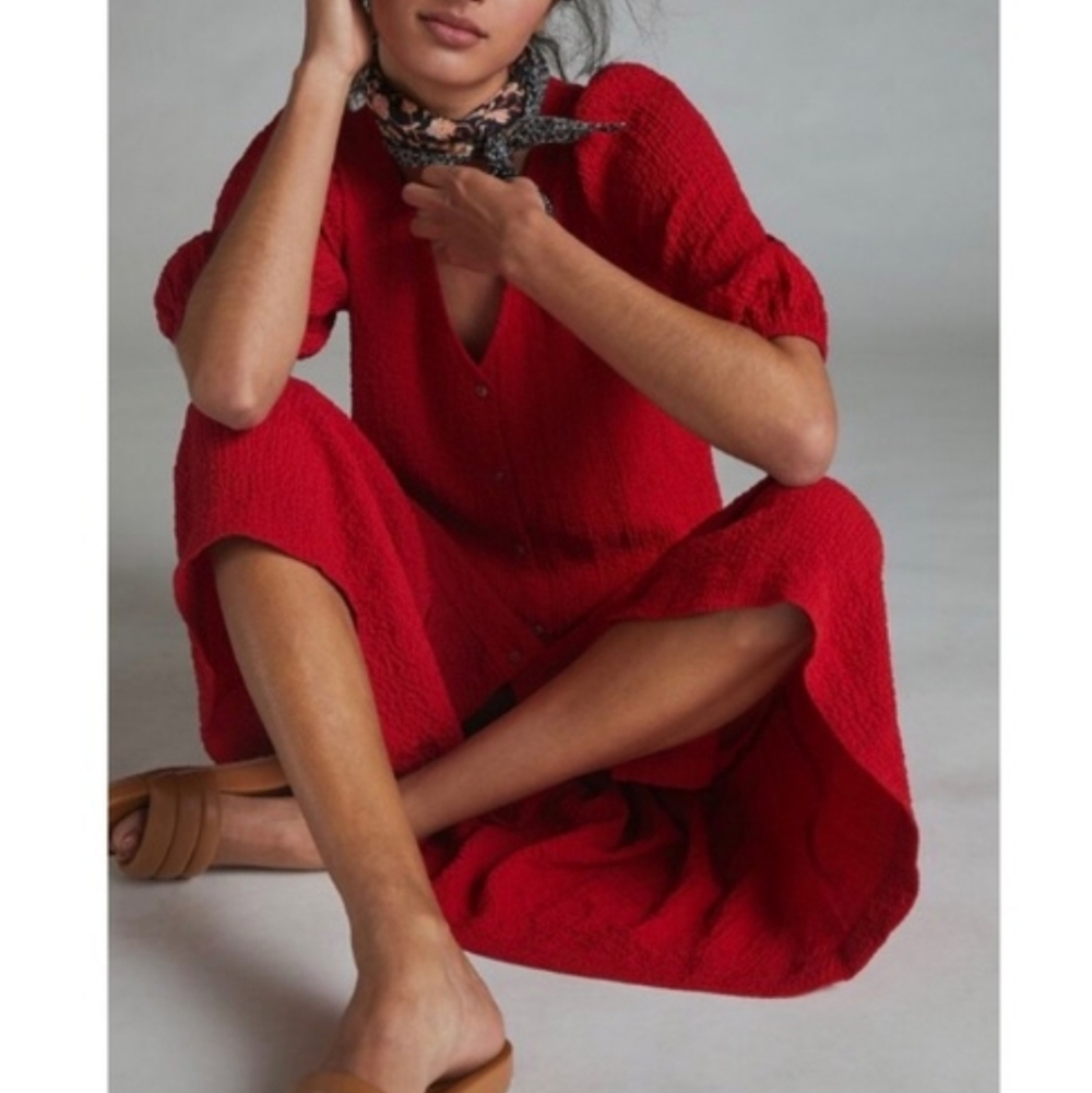 Anthropologie Maeve Red Scarletta Crinkle Midi Dress Sz XXS Petite - Picture 2 of 11